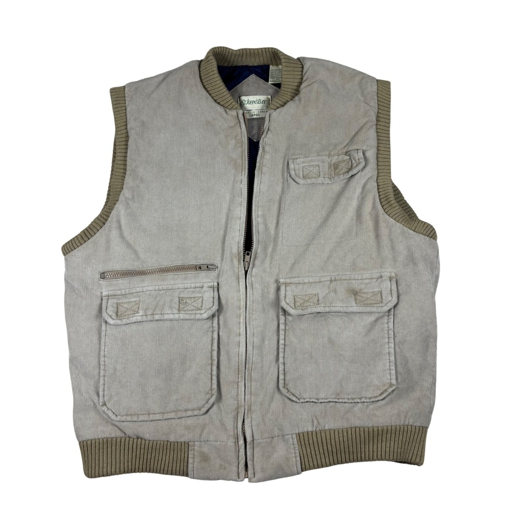 Vintage St Johns Bay Mens Large Khaki Corduroy Utility Vest Outdoor Heritage